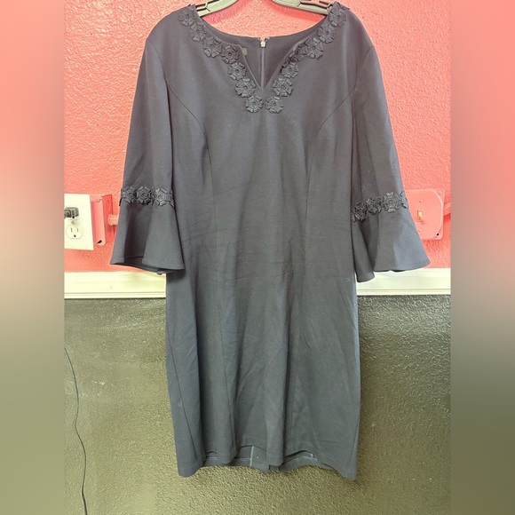 Talbots Blue V-Neck Sheath Dress with 3/4 Bell Sleeves - Picture 2 of 8